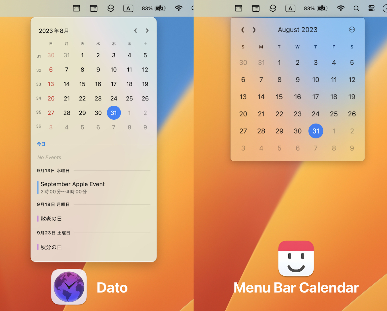 Dato and Menu Bar Calendar by Sindre Sorhus