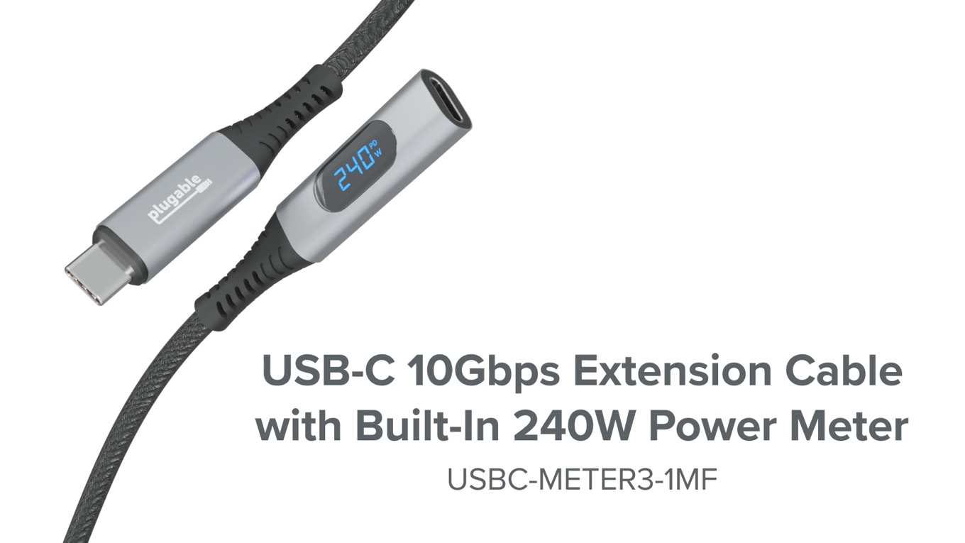 Plugable USB-C 10Gbps Extension Cable with Built-In 240W Power Meter USBC-METER3-1MF