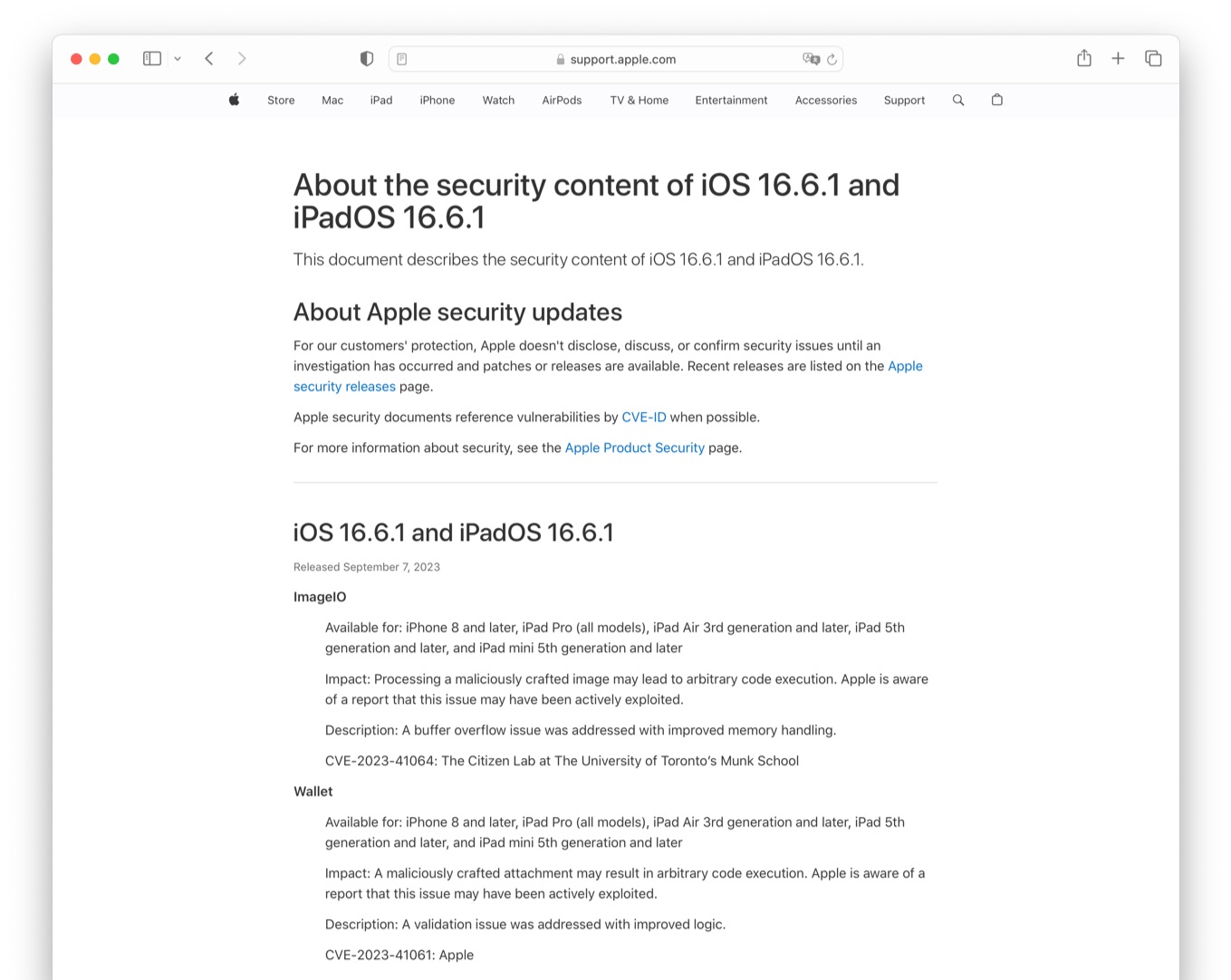 About the security content of iOS 16.6.1 and iPadOS 16.6.1