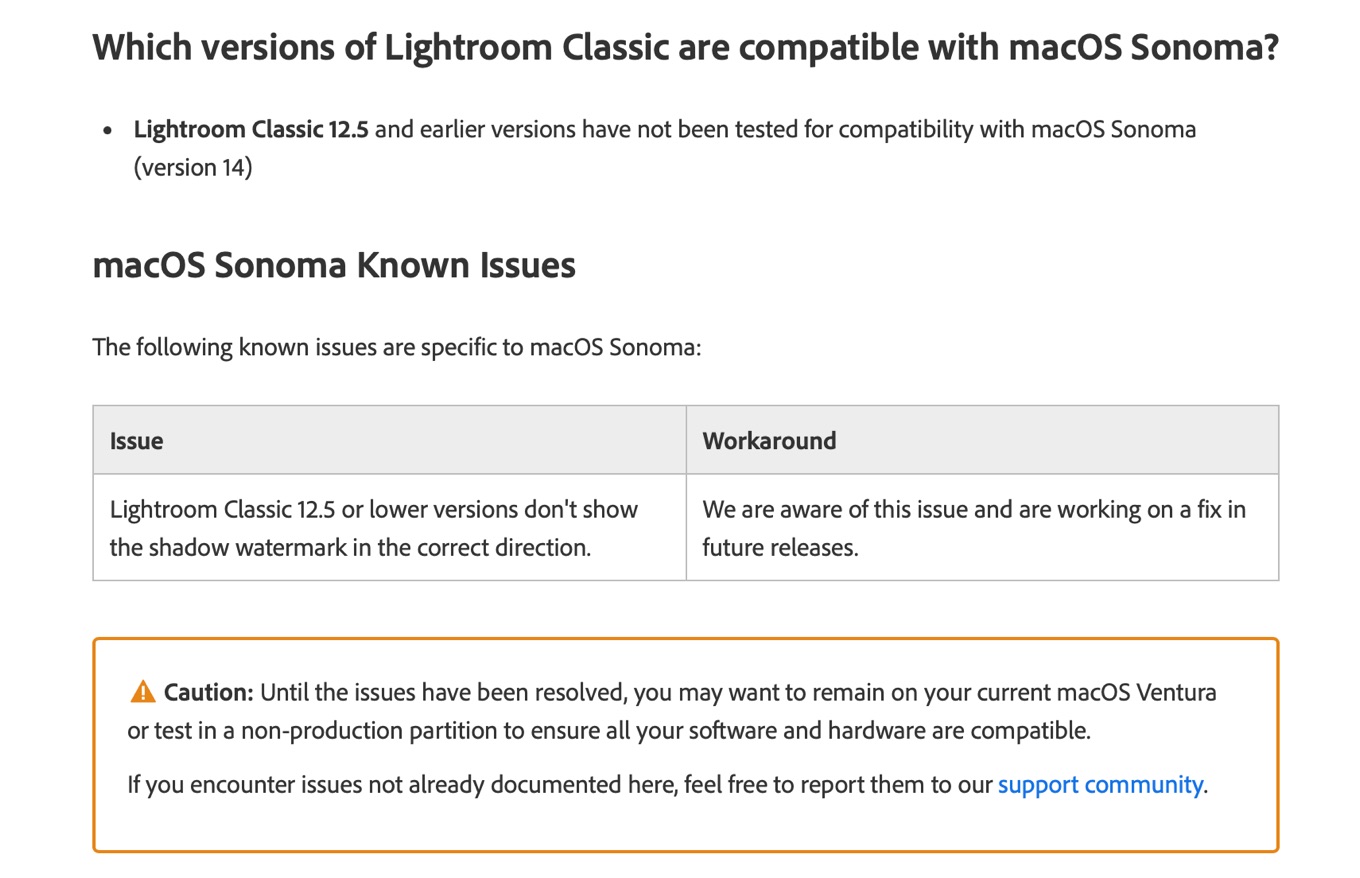 Adobe Lightroom Classic and macOS 14 Sonoma compatibility