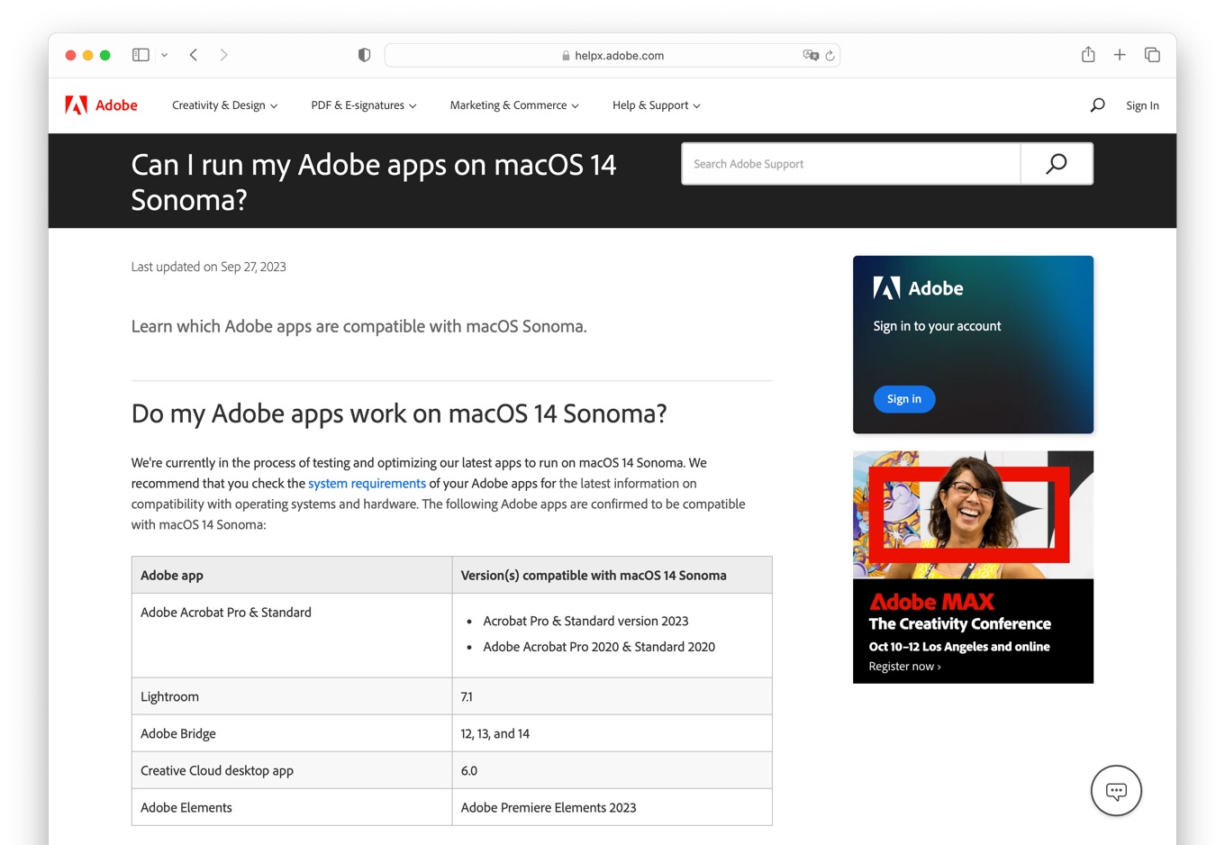 Adobe apps are compatible with macOS Sonoma