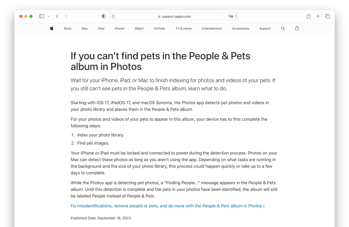 If you cant find pets in the People and Pets album in Photos