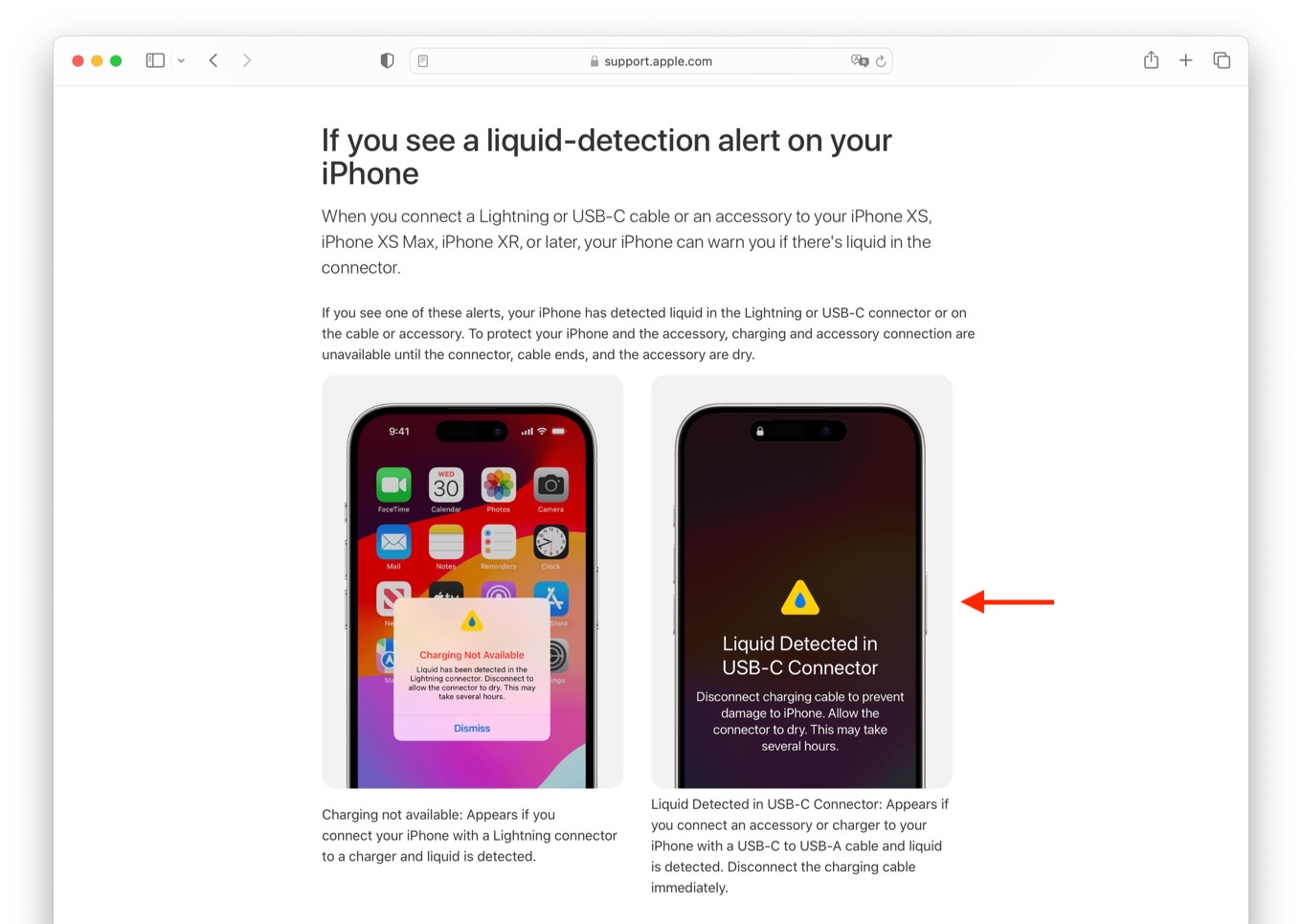 If you see a liquid-detection alert on your iPhone USB-C