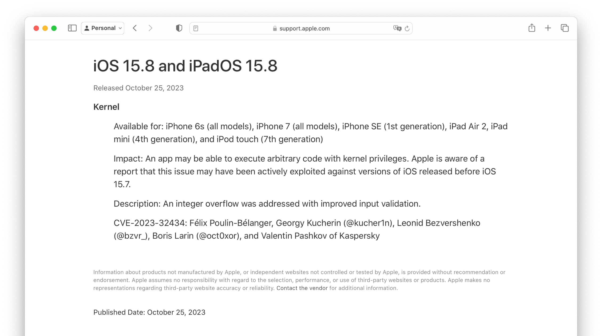 About the security content of iOS 15.8 and iPadOS 15.8