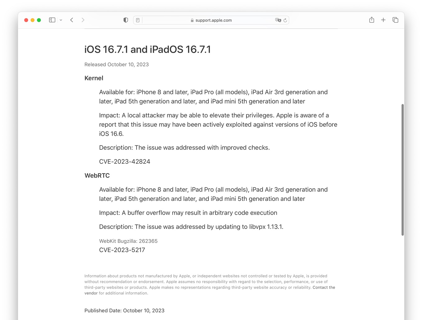 About the security content of iOS 16.7.1 and iPadOS 16.7.1