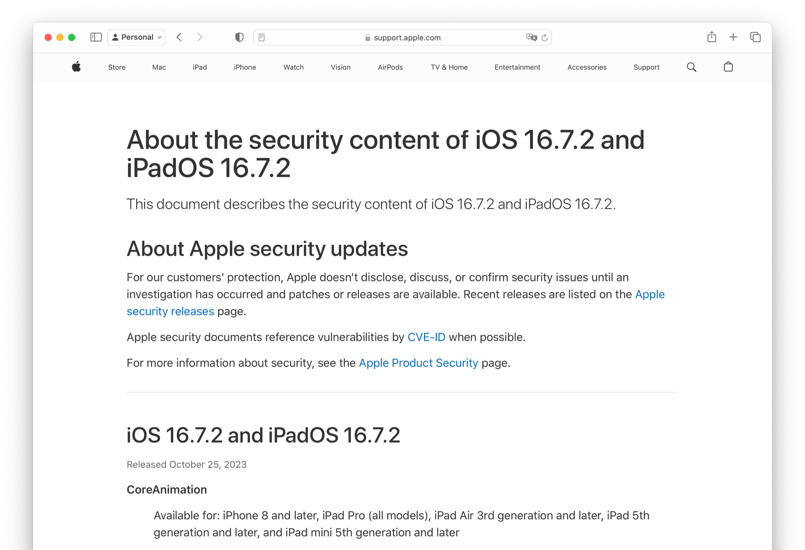 About the security content of iOS 16.7.2 and iPadOS 16.7.2
