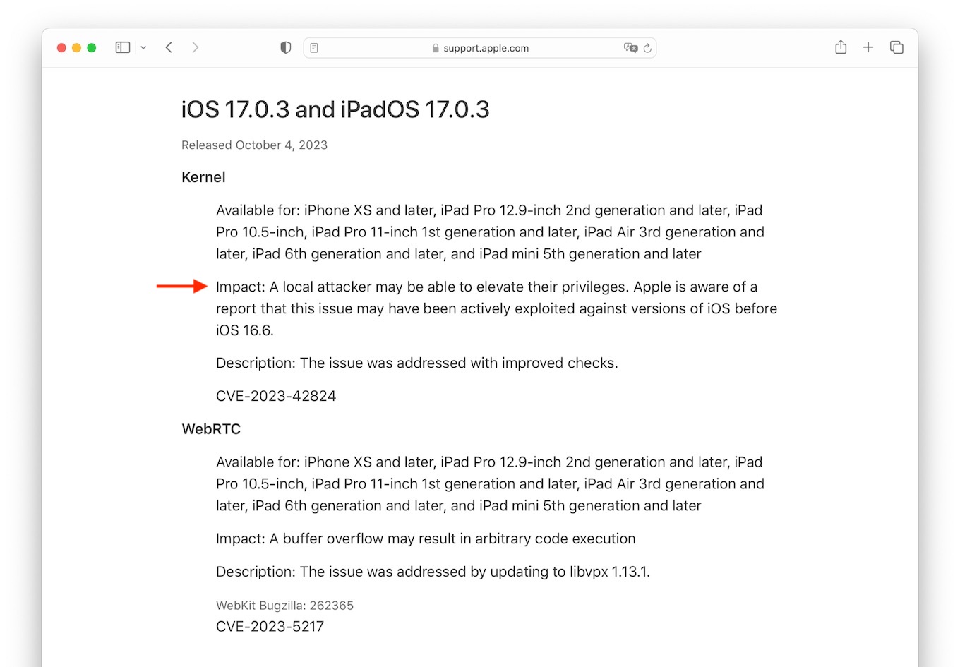 About the security content of iOS 17.0.3