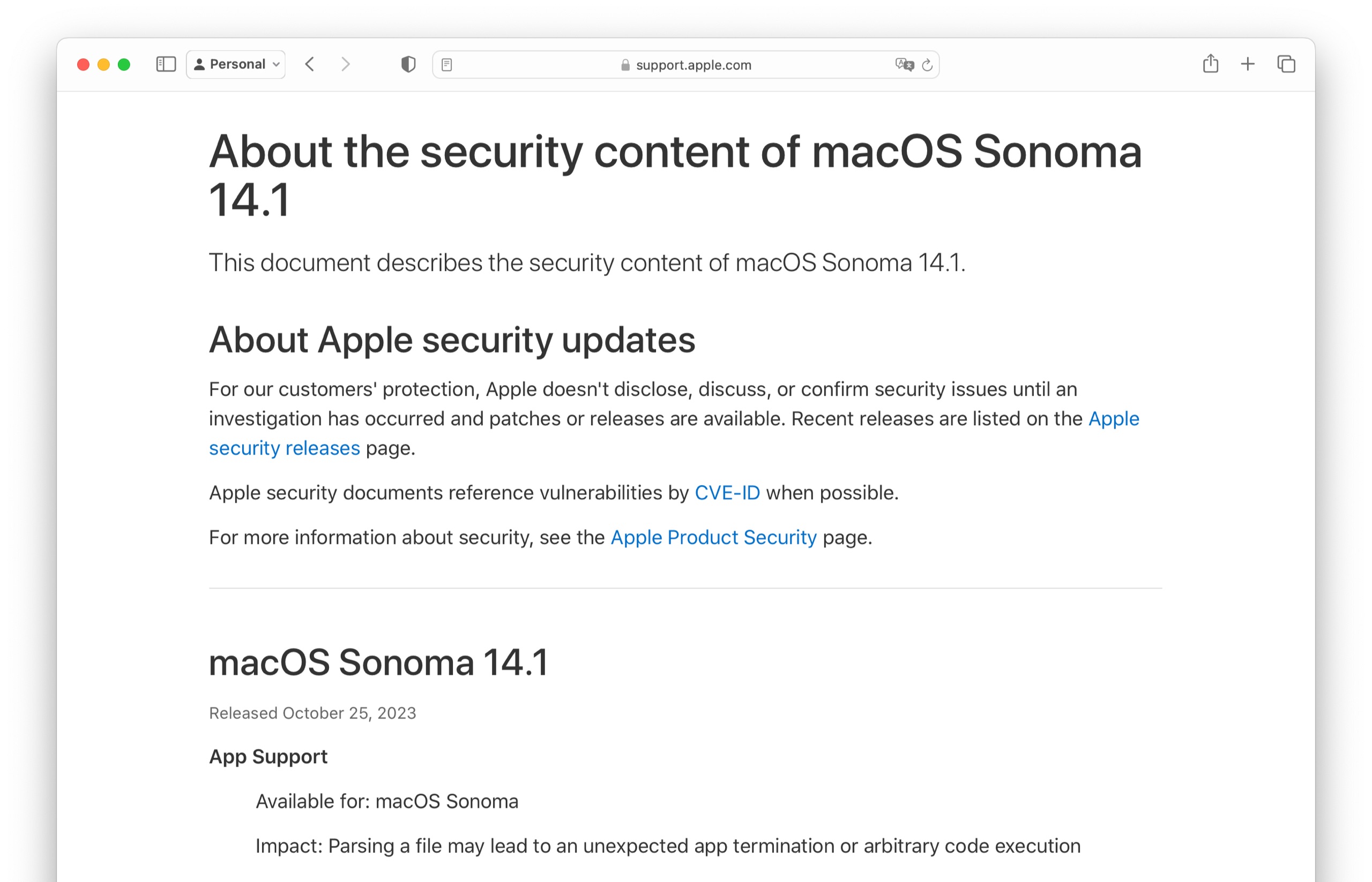 About the security content of macOS Sonoma 14 1