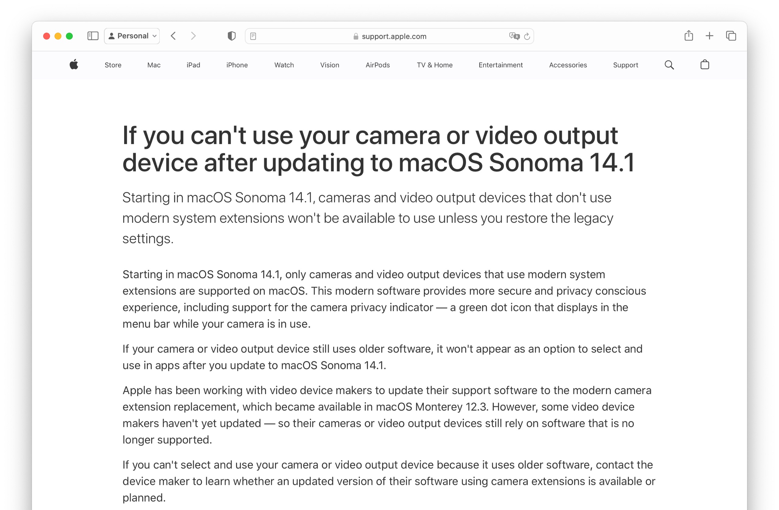 If you can't use your camera or video output device after updating to macOS Sonoma 14.1