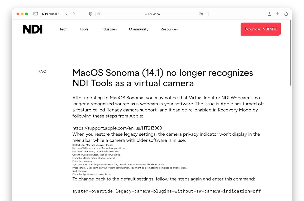 MacOS Sonoma (14.1) no longer recognizes NDI Tools as a virtual camera - NewTek