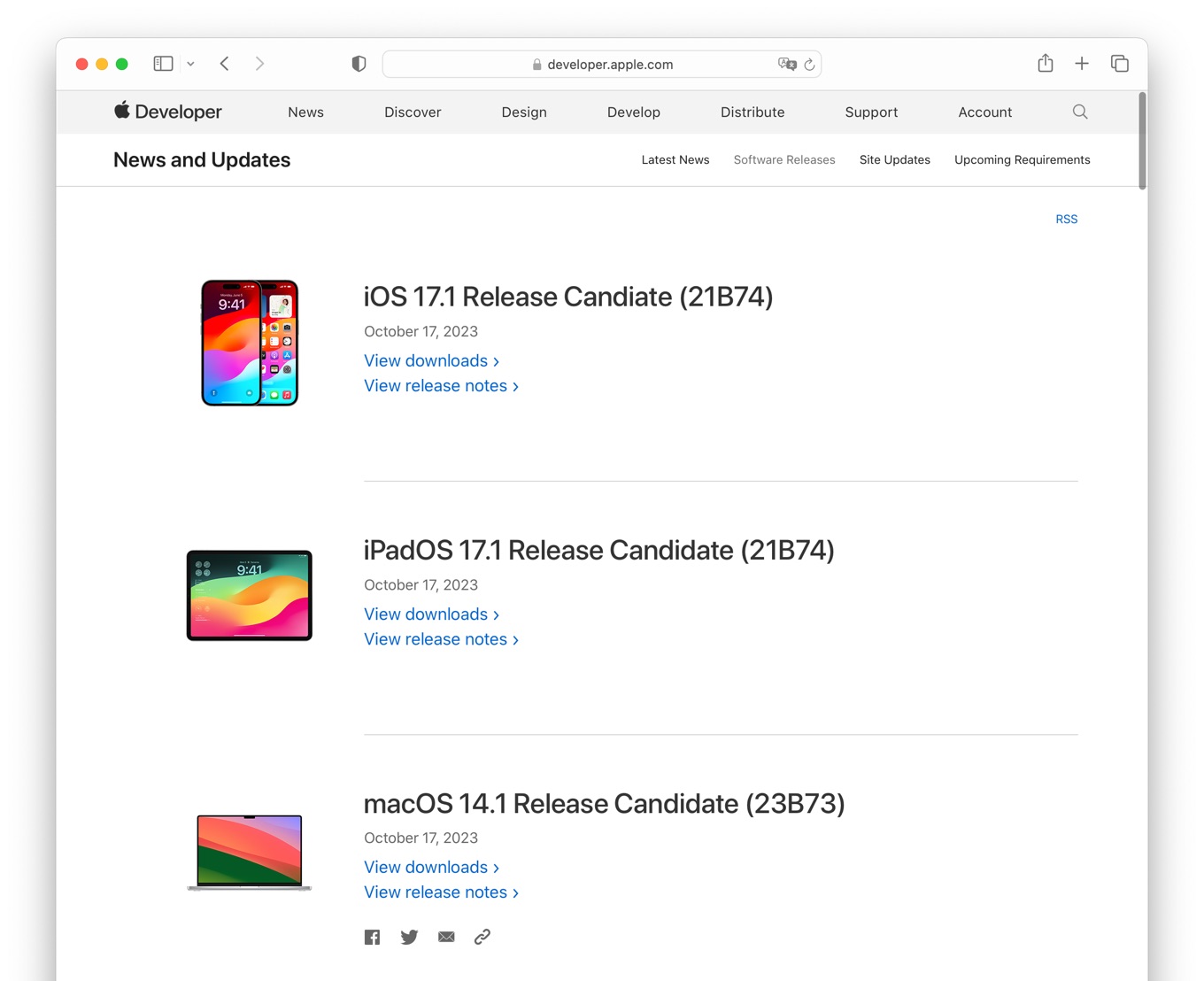 Apple、開発者向けに「macOS 14.1 Sonoma」や「iOS/iPadOS 17.1」などのRC版を公開。