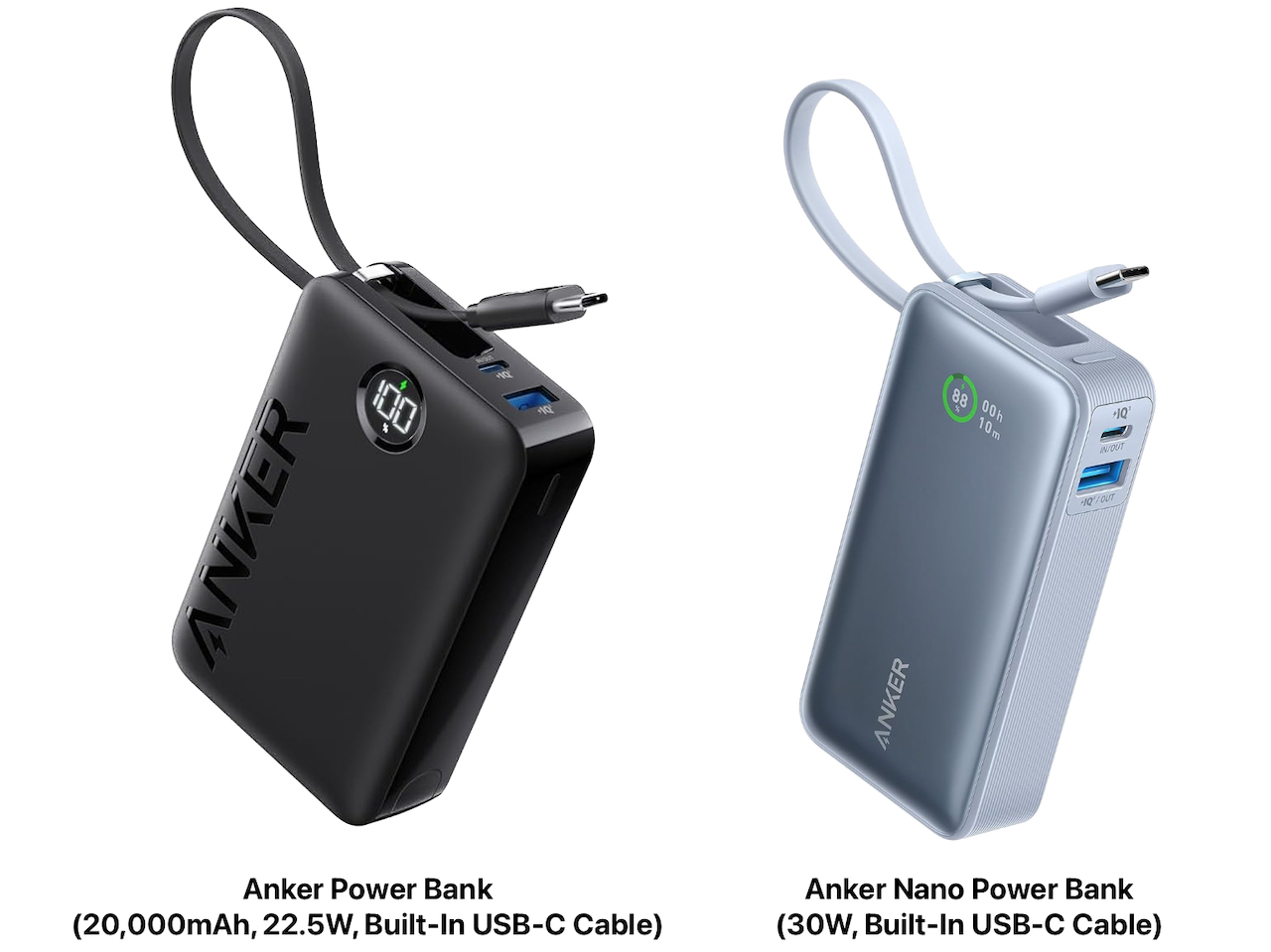 Anker Power Bank (20000mAh, 22.5W, Built-In USB-C ケーブル)とAnker Nano Power Bank (30W, Built-In USB-C Cable)