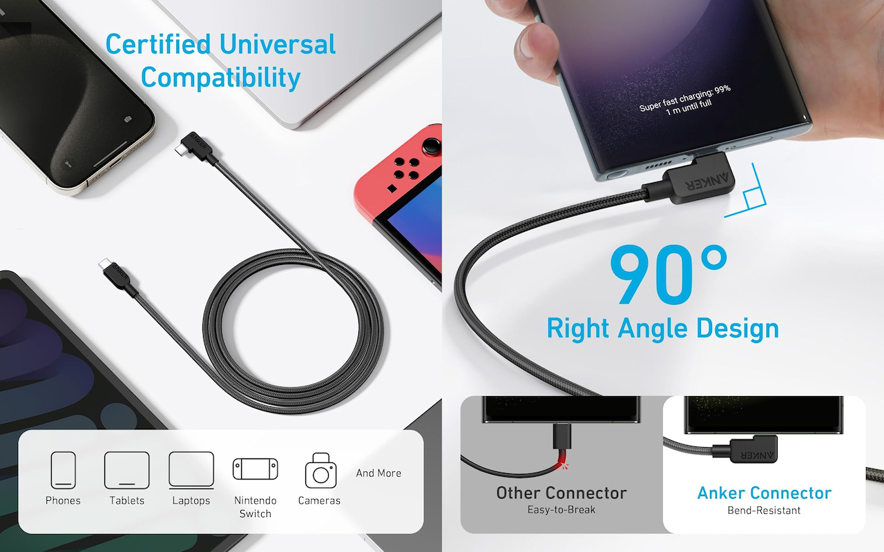 Anker USB-C to Right Angle USB-C Cable (6 ft, 240W, Braided, 2-Pack)