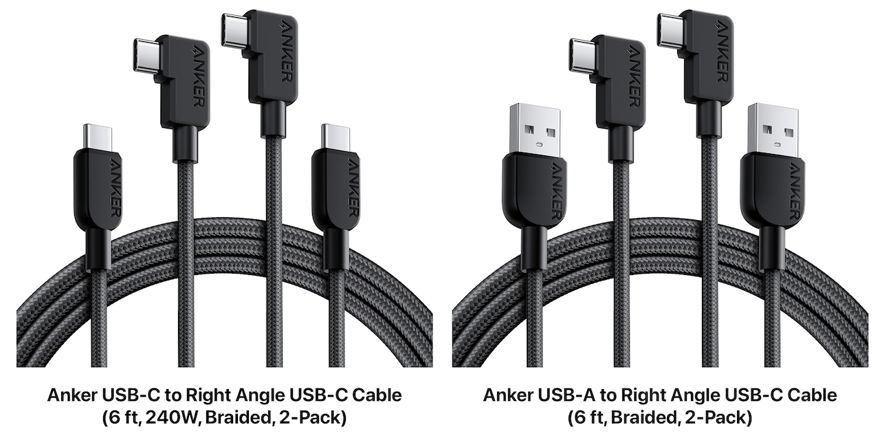 Anker USB-A to Right Angle USB-C Cable (6 ft, Braided, 2-Pack)