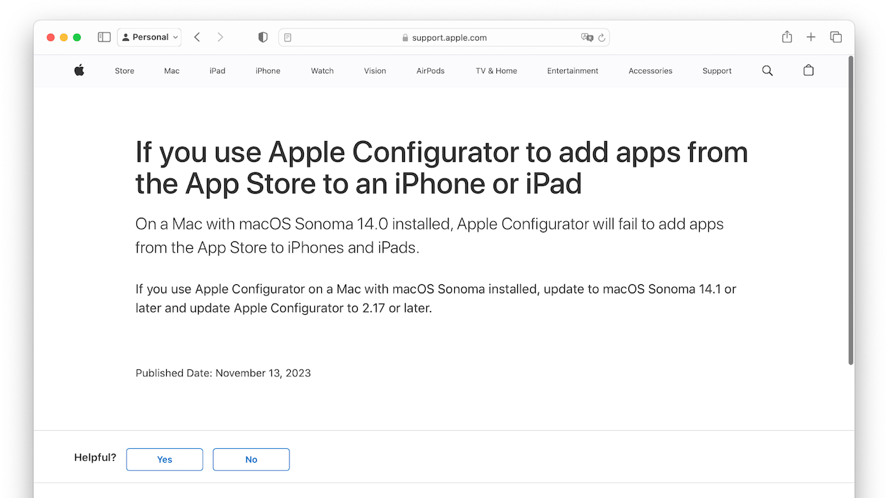 Apple Configurator support macOS 14.1 Sonoma