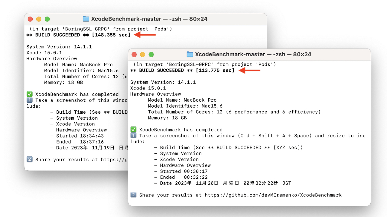 Apple M3 Proチップ搭載のMacBook Pro (14インチ, Nov 2023) XcodeBenchmark