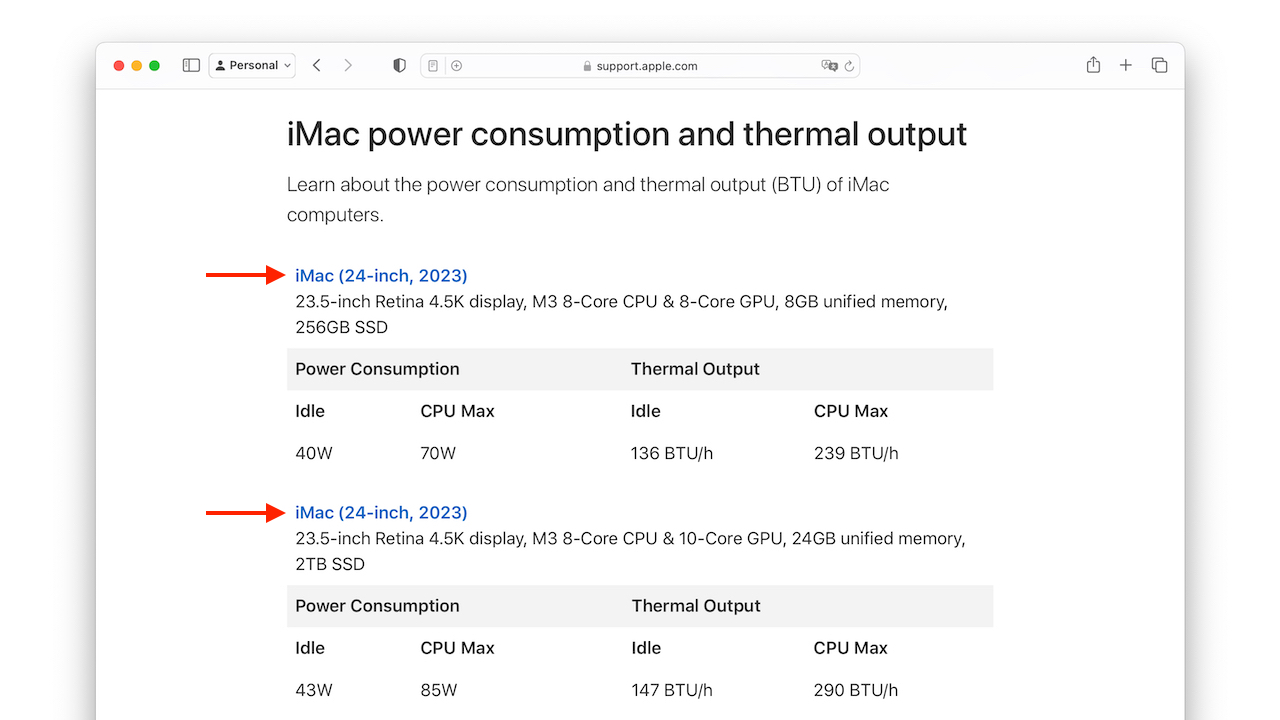 iMac (24-inch, 2023)の電力消費と熱出力情報