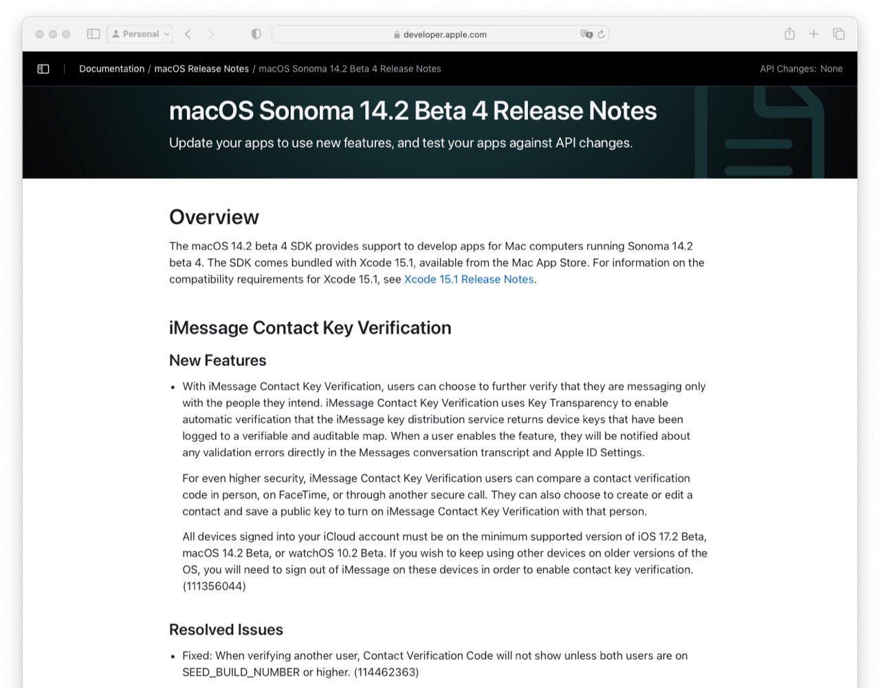 macOS Sonoma 14.2 Beta 4 Release Notes update