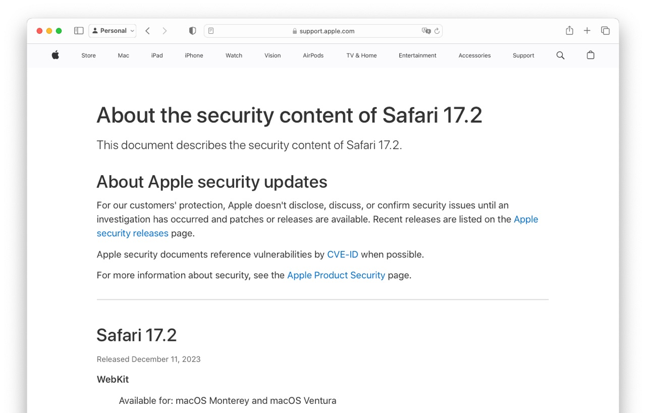 About the security content of Safari 17 2