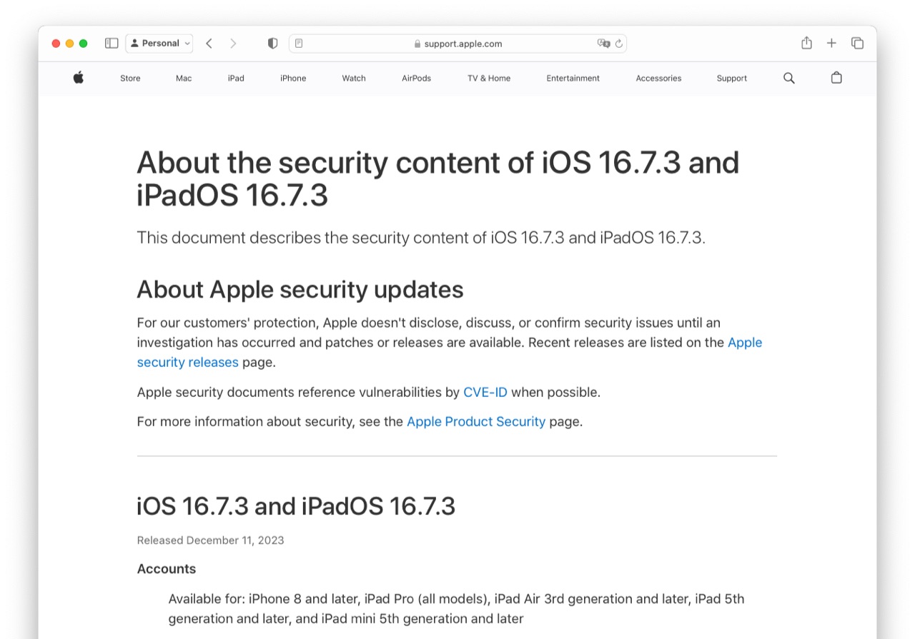 About the security content of iOS 16.7.3 and iPadOS 16.7.3