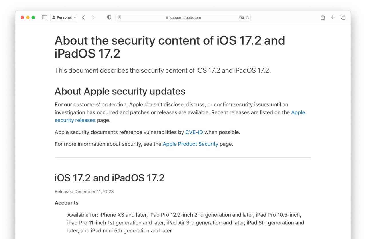 About the security content of iOS 17.2 and iPadOS 17.2