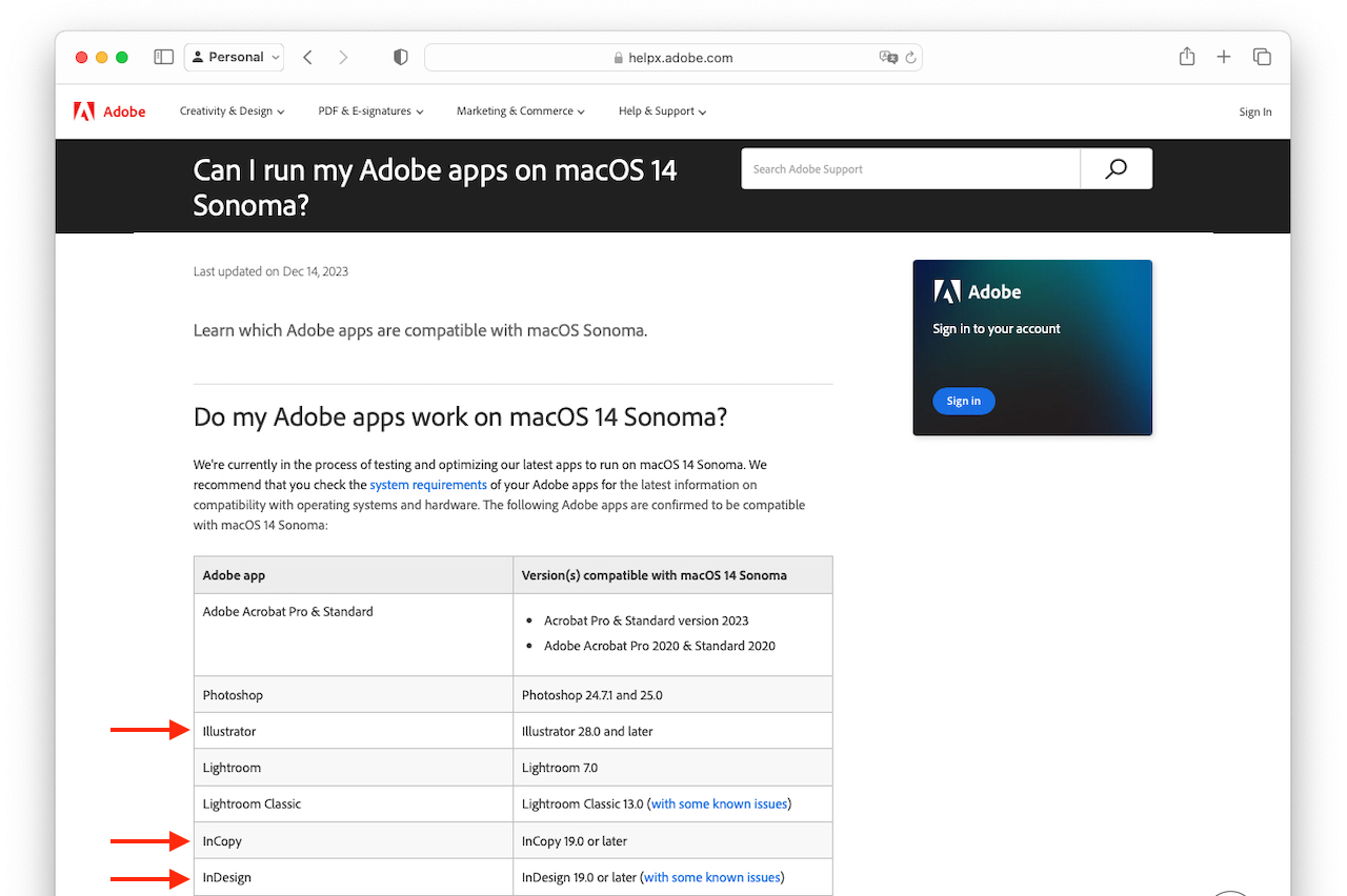 adobe ia and id apps compatibility with macos 14 sonoma