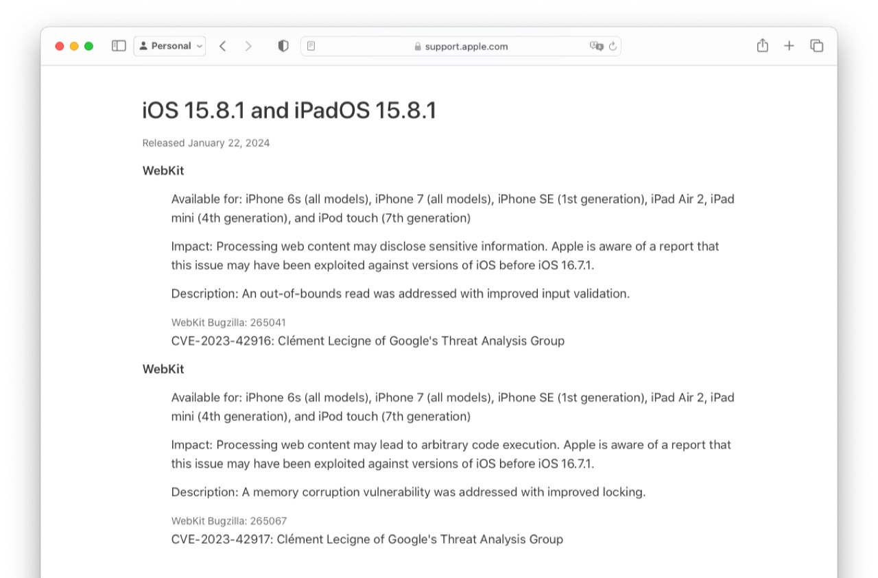 About the security content of iOS 15.8.1 and iPadOS 15.8.1