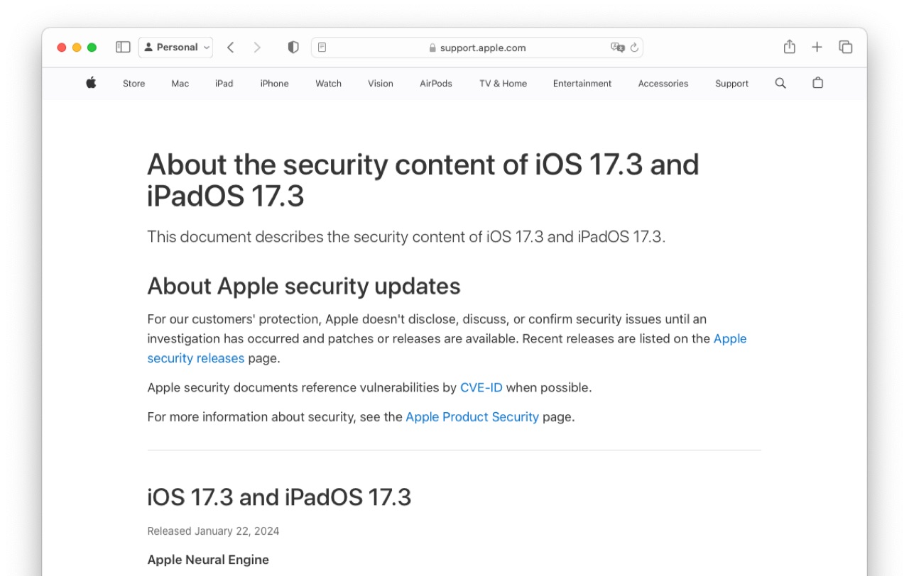 About the security content of iOS 17.3 and iPadOS 17.3