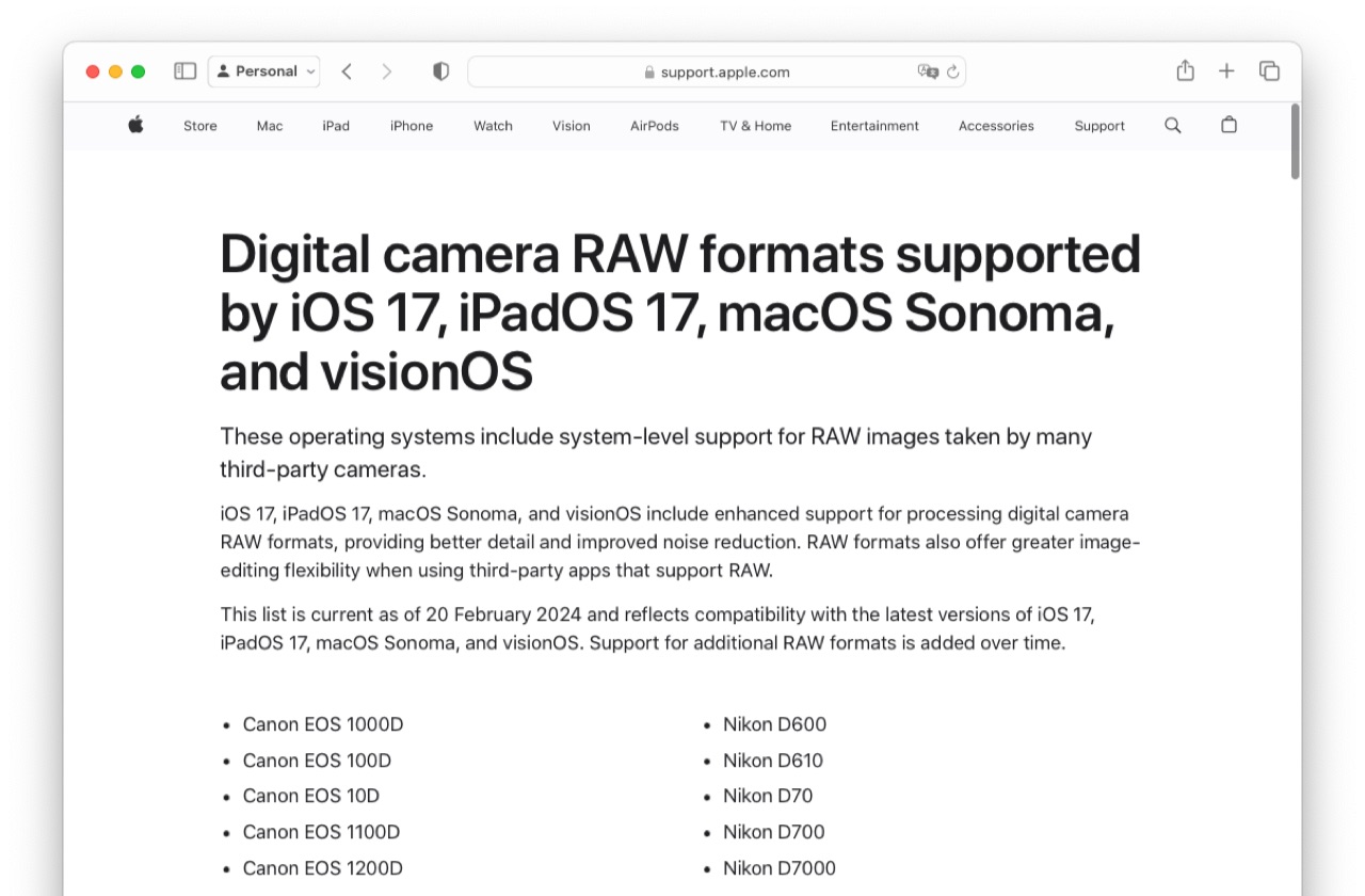 Digital Camera RAW formats macOS 14 Sonoma iOS 17 visionOS 1 Feb 2024