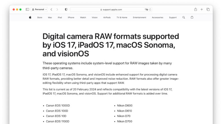 Apple、最新のmacOS 14 SonomaやiOS 17、VisionOSで「Canon EOS R100」や「FUJIFILM X ...