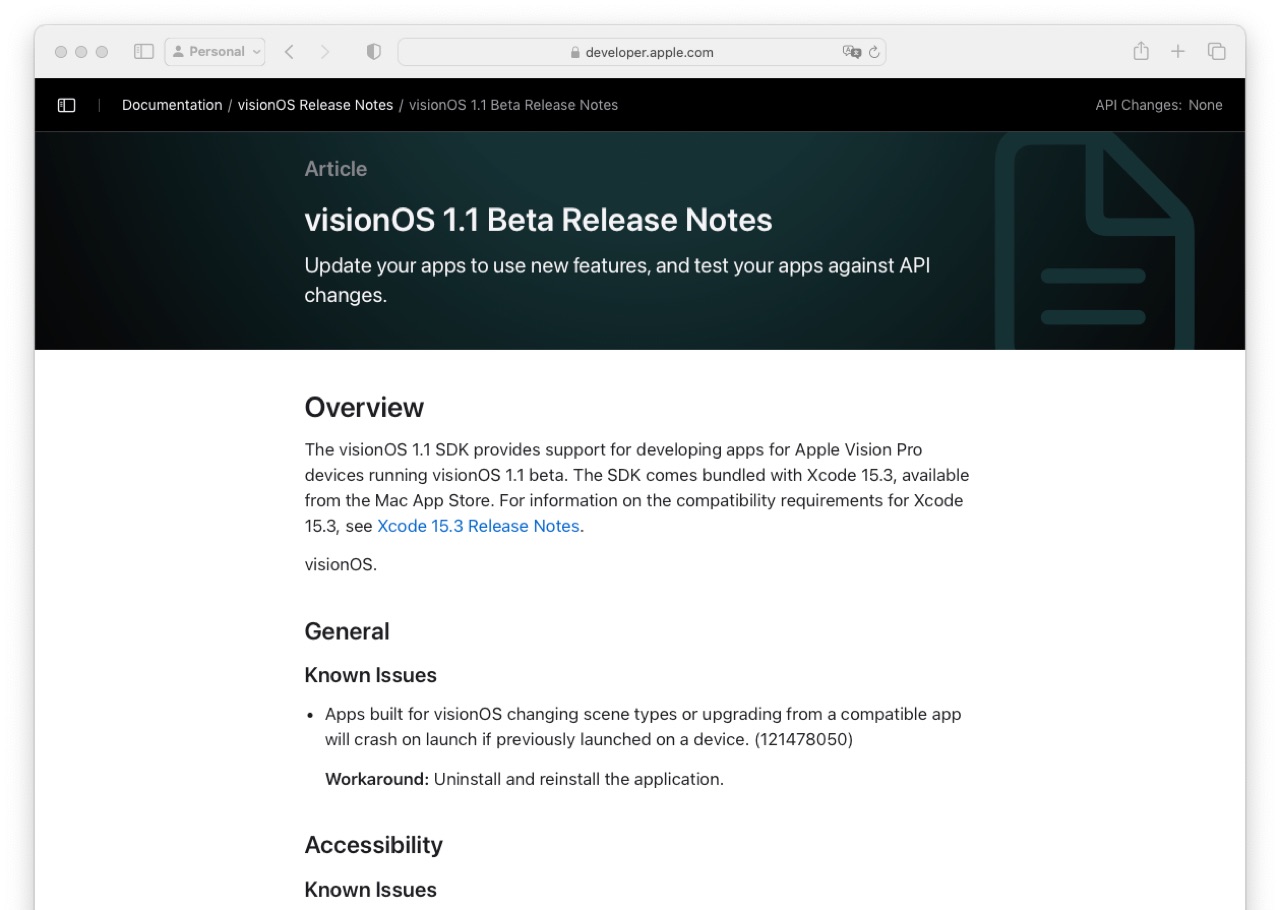 visionOS 1 1 Beta 1 Release Notes