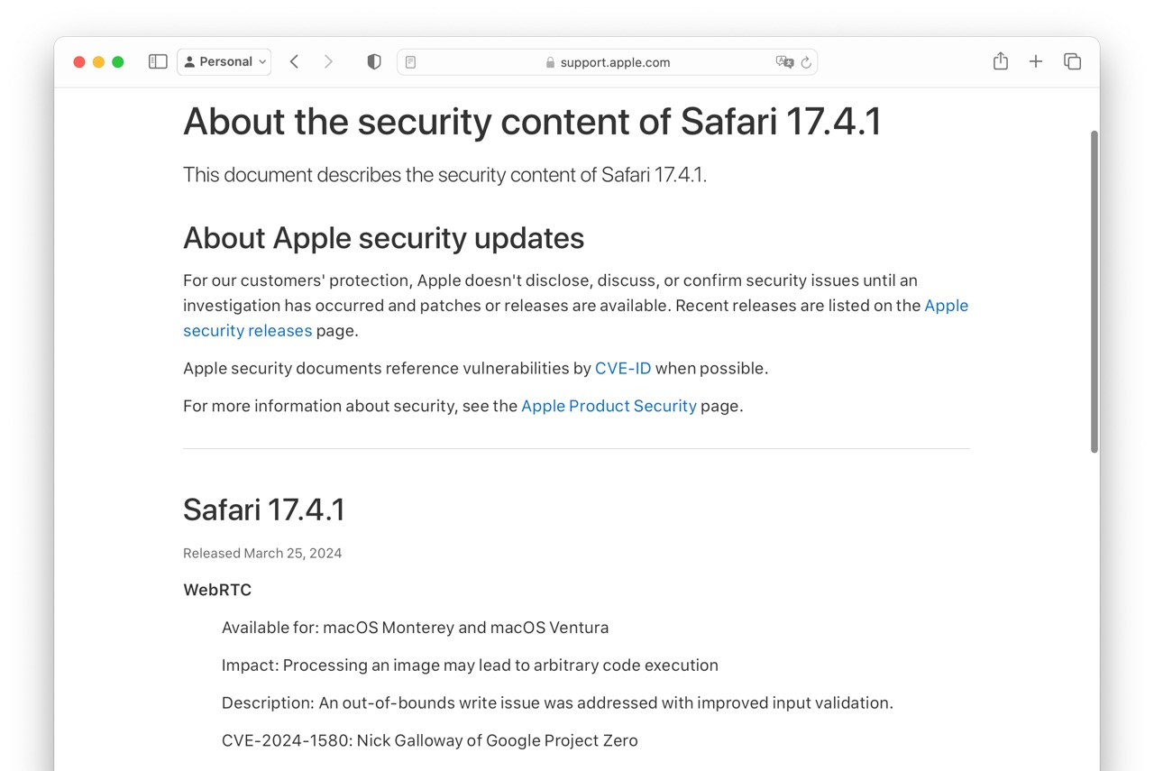 About the security content of Safari 17.4.1