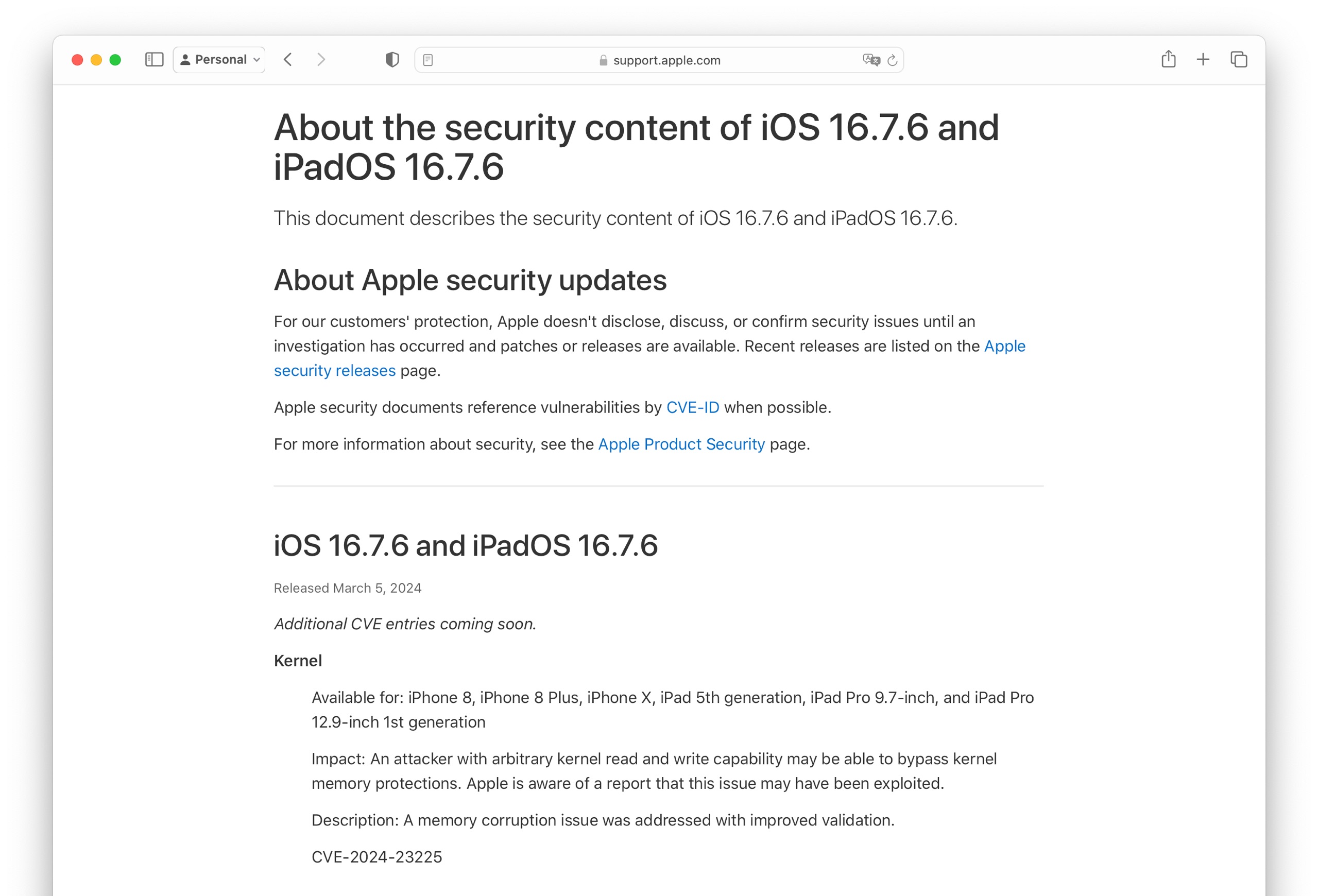 About the security content of iOS 16.7.6 and iPadOS 16.7.6