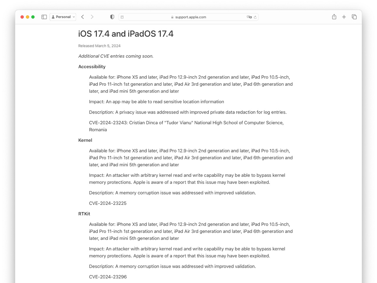 About the security content of iOS 17.4 and iPadOS 17.4