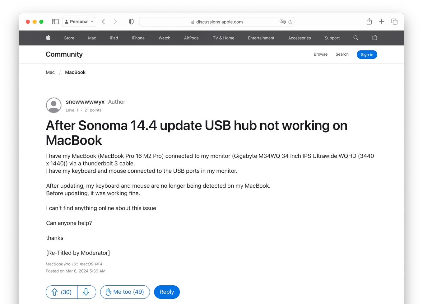 After Sonoma 14 4 update USB hub not working on MacBook