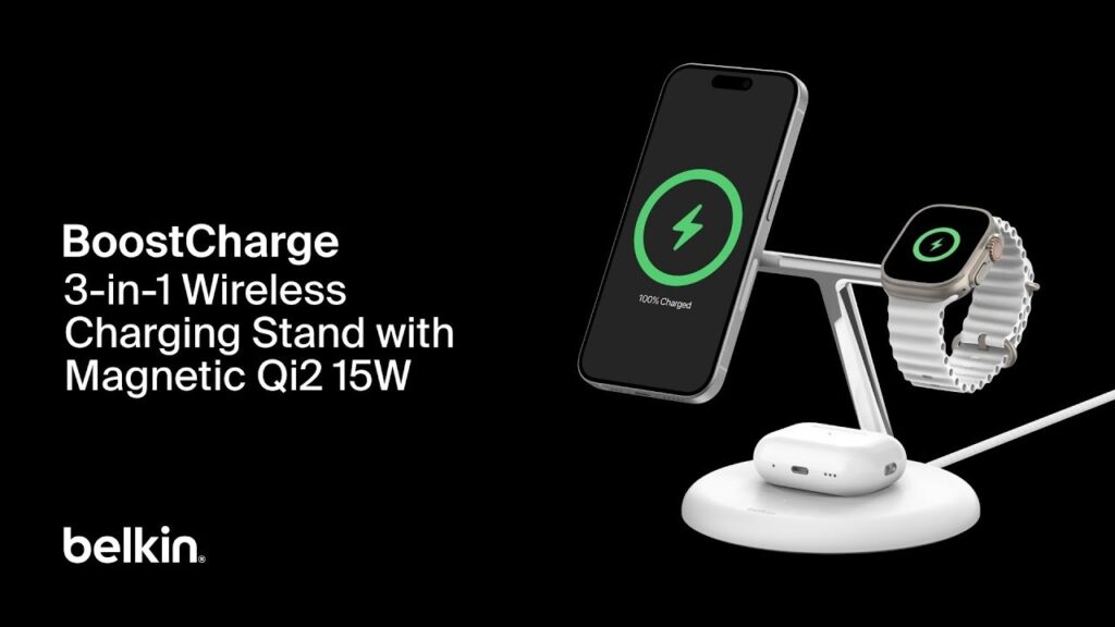 米Belkin、iPhoneの角度調整とQi2での最大15Wワイヤレス充電に対応した3-in-1充電ステーション「BoostCharge ...