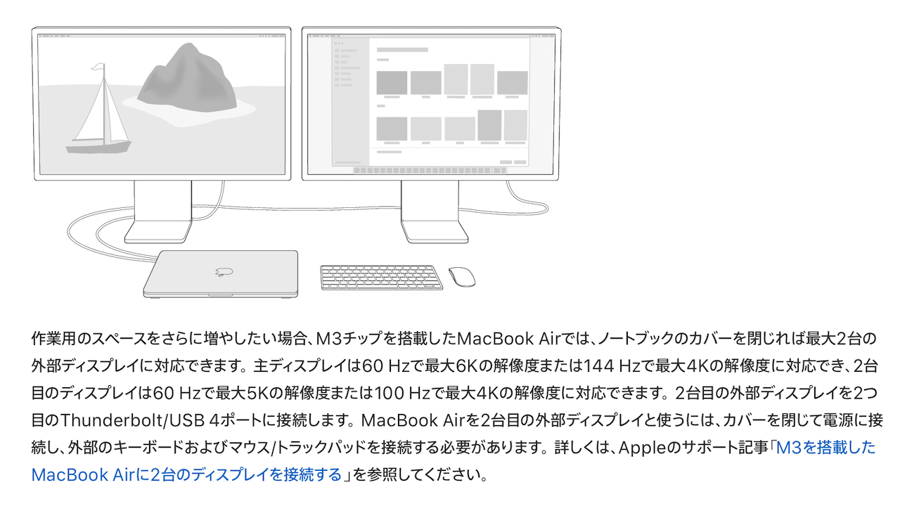 M3を搭載したMacBook Airは、ノートブックを閉じた状態で最大2台の外部ディスプレイに対応