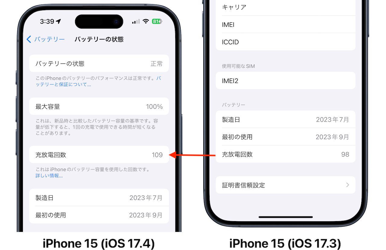 iOS 17.4へアップデートしたiPhone 15シリーズの[バッテリーの状態]