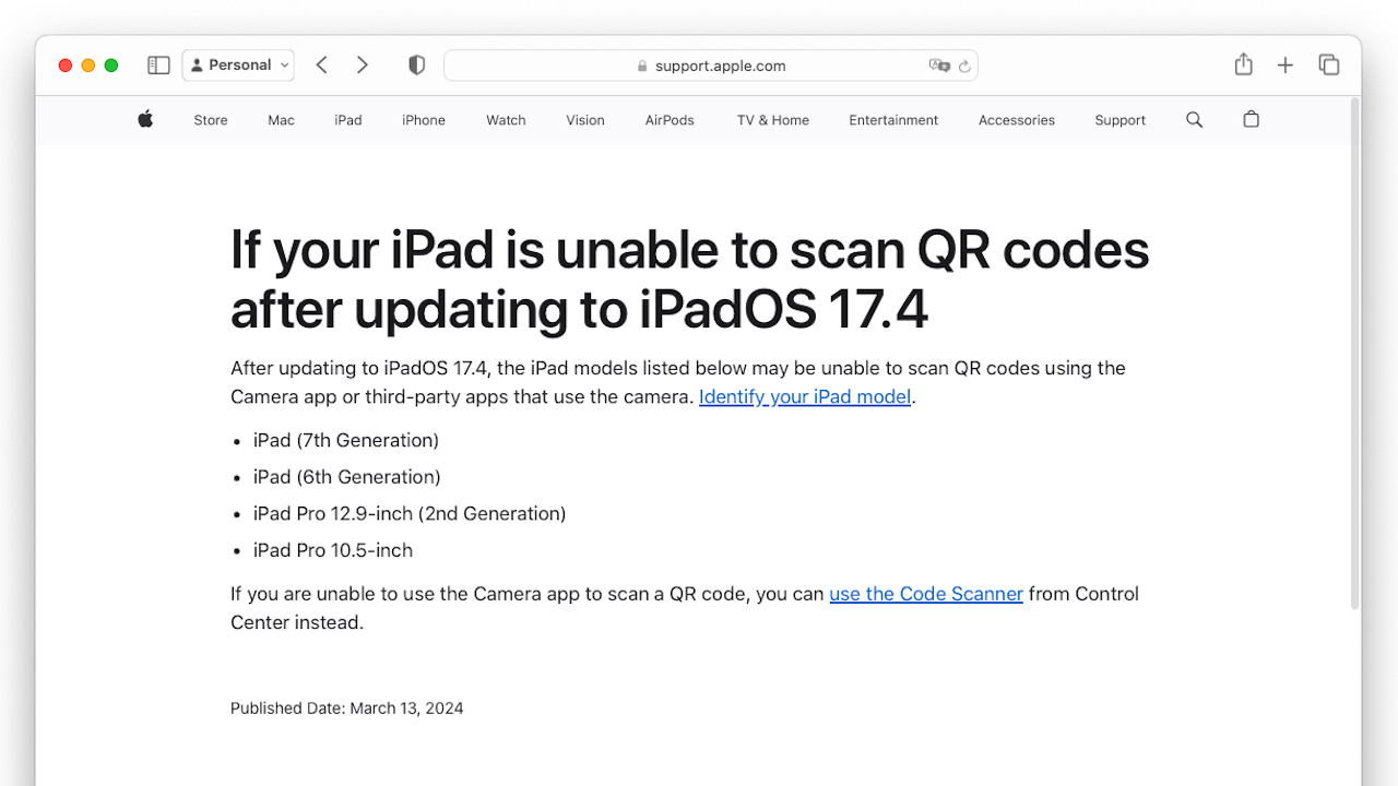 If your iPad is unable to scan QR codes after updating to iPadOS 17.4