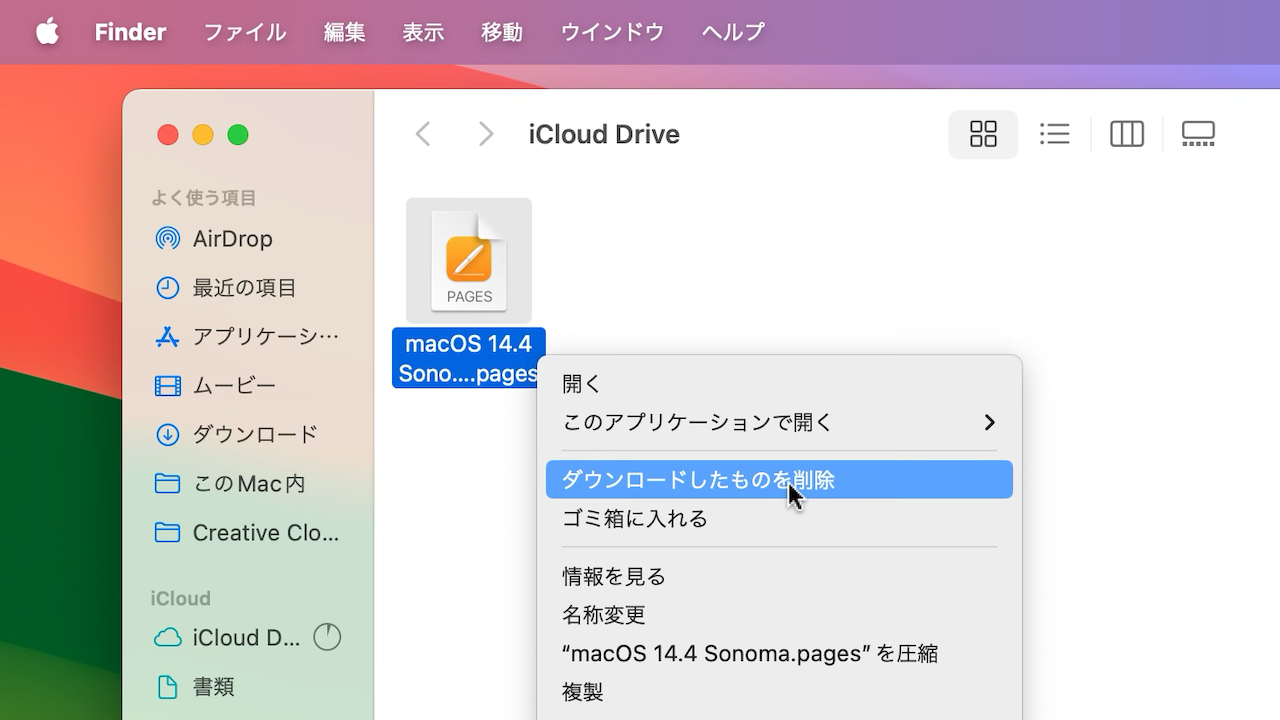 macOS 14.4 SonomaのiClou Driveでダウンロードしたものを削除する