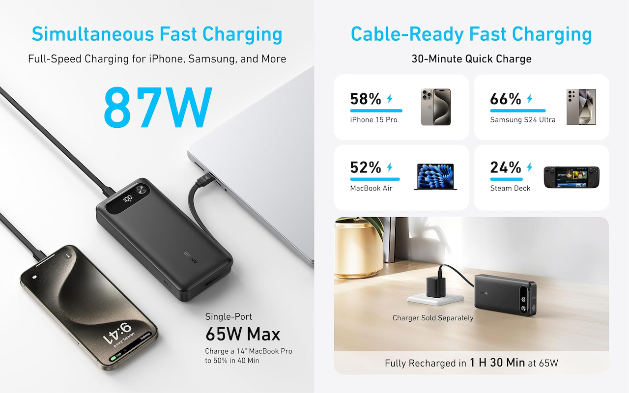 Anker Power Bank (20K, 87W, Built-In USB-C Cable)