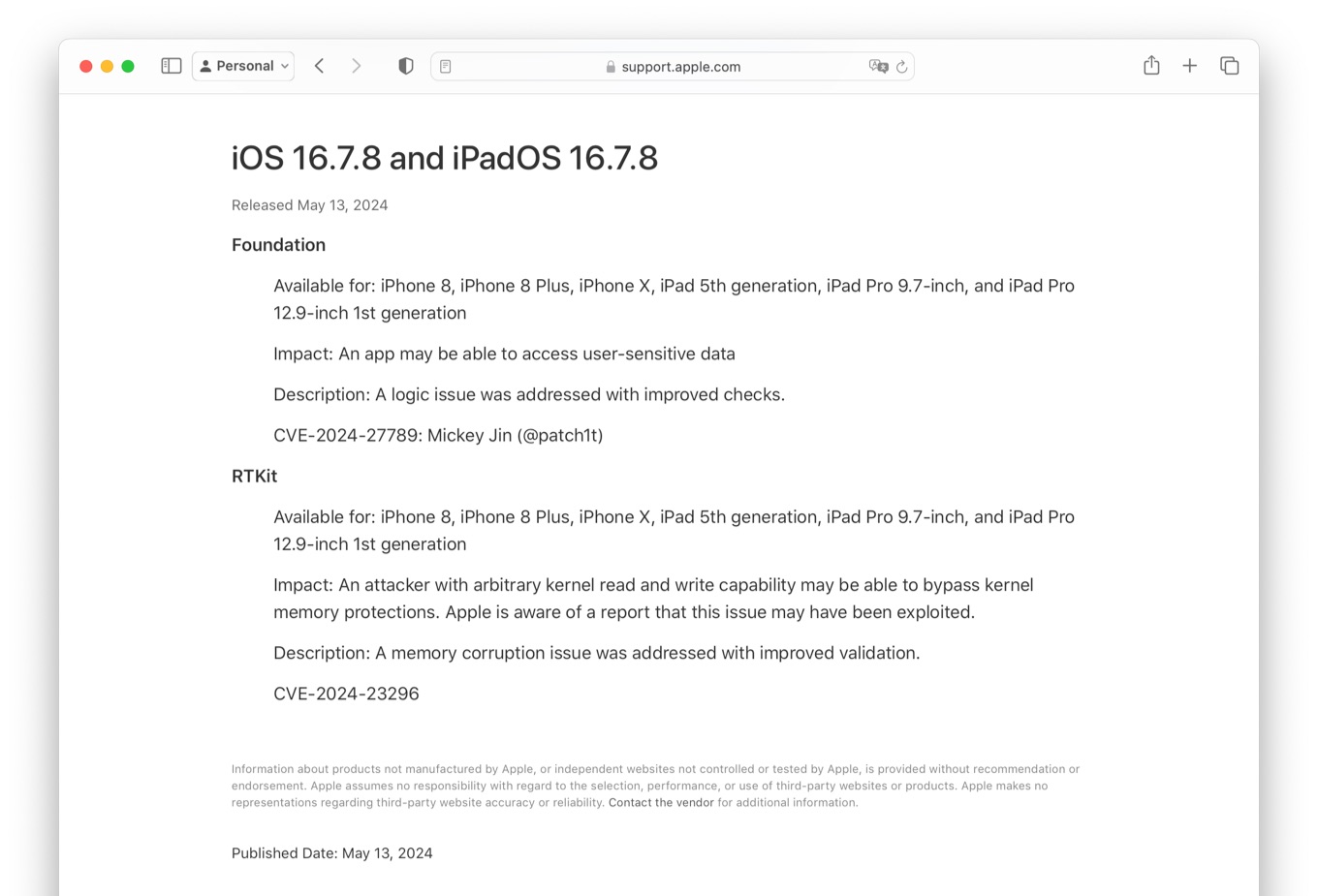 About the security content of iOS 16.7.8 and iPadOS 16.7.8