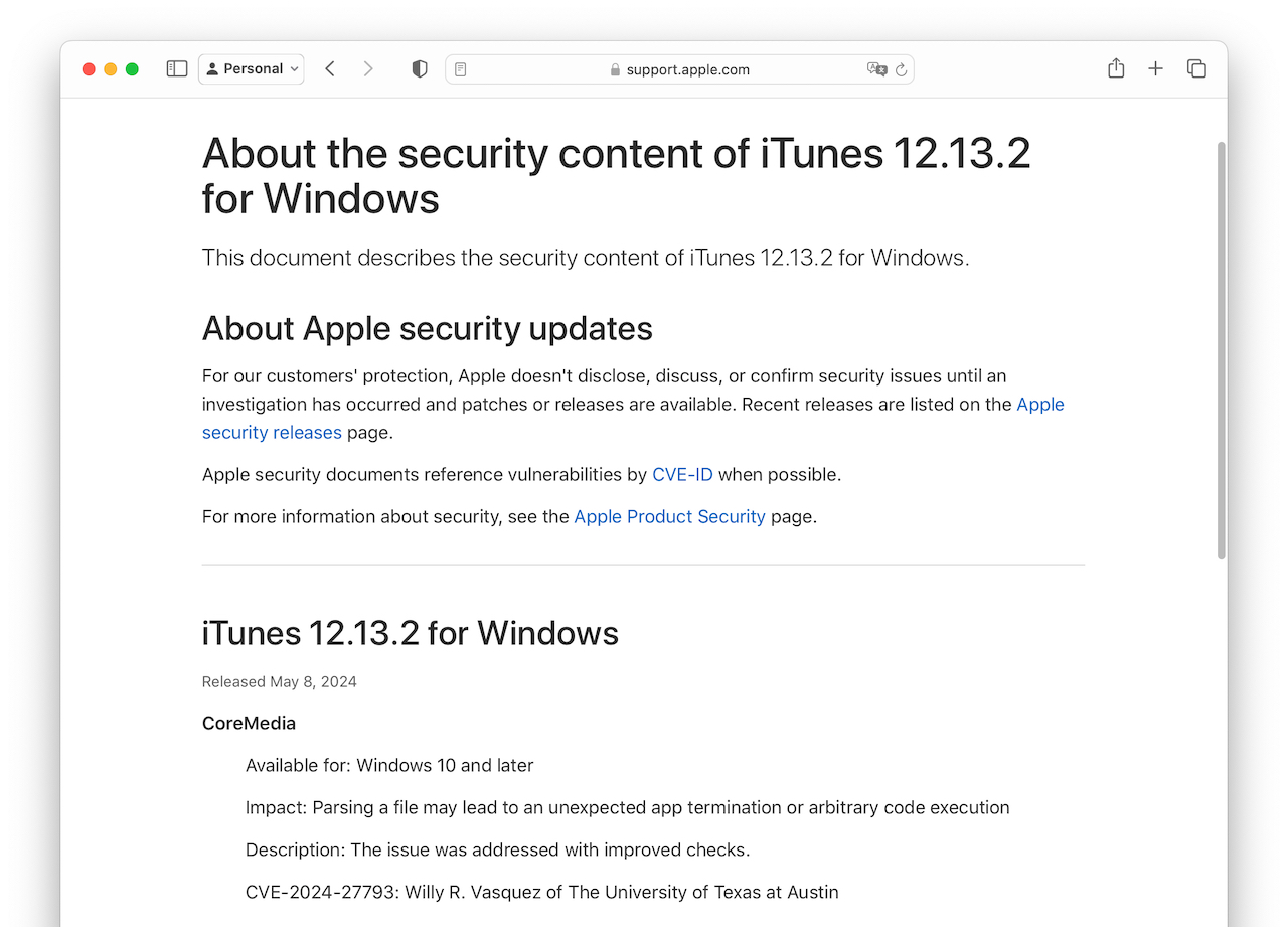 About the security content of iTunes 12.13.2 for Windows