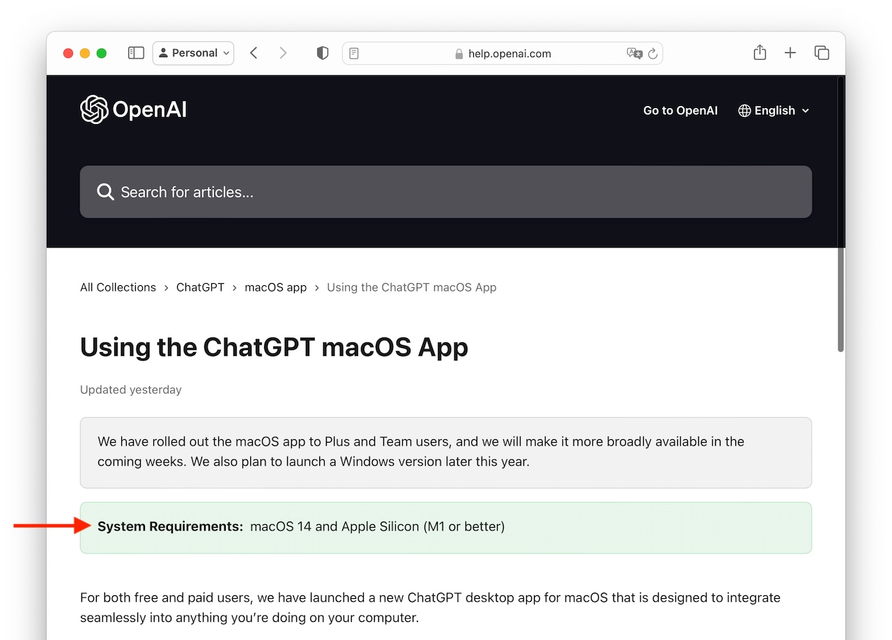 ChatGPT for Macのシステム要件
