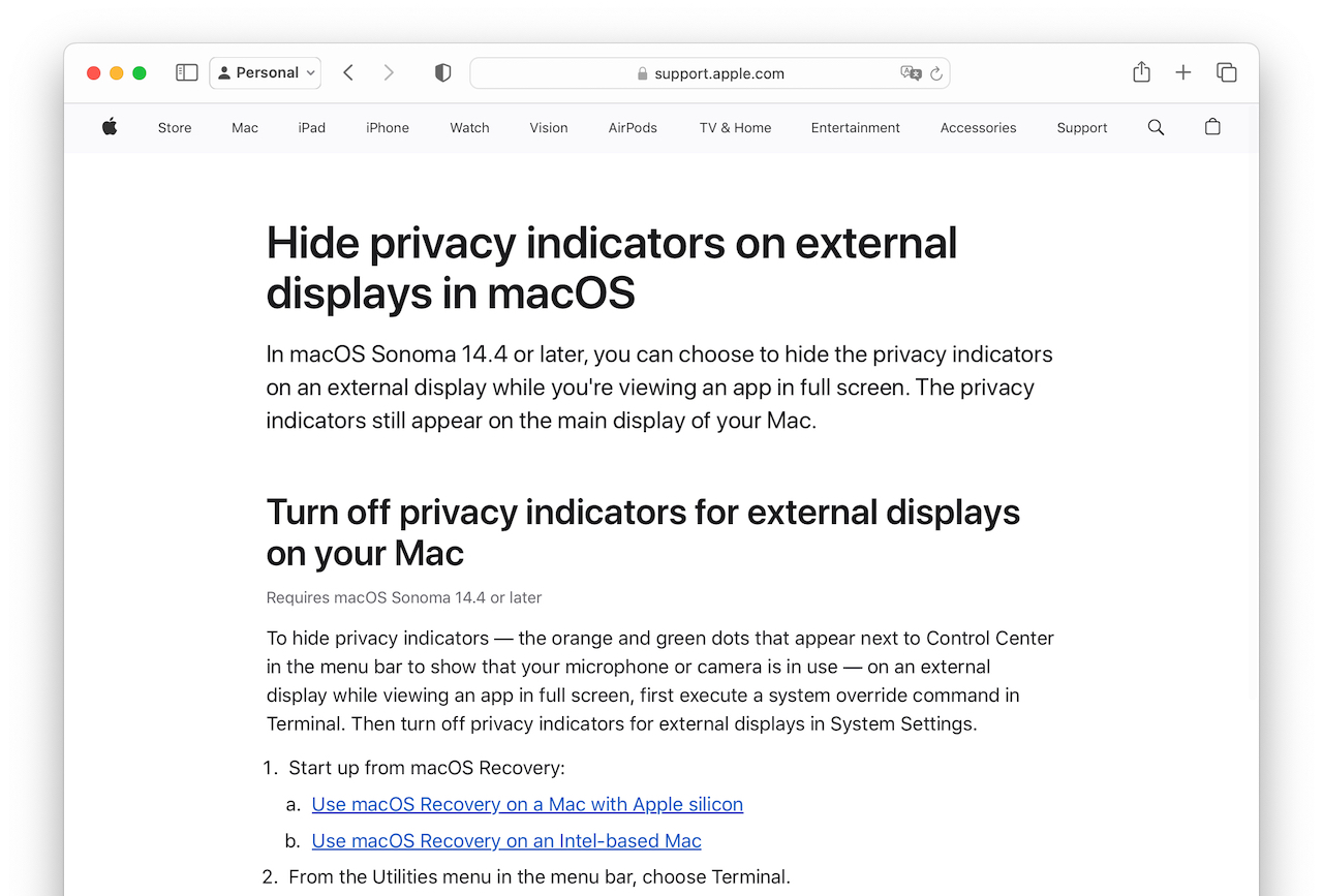 Turn off privacy indicators for external displays on your Mac