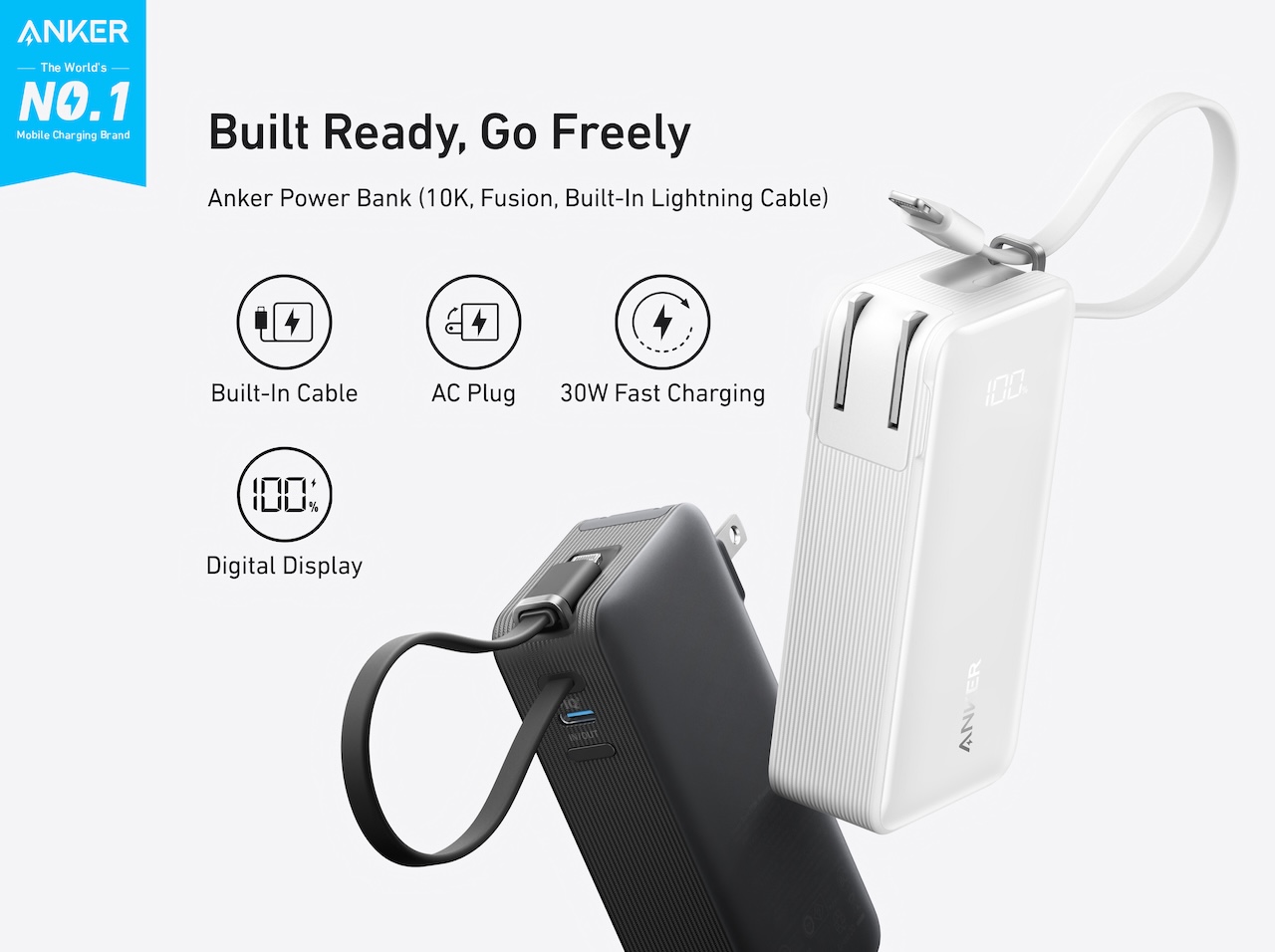 Anker Power Bank (10K, Fusion, Built-In Lightning Cable)