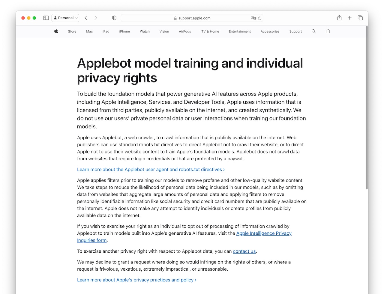 Applebot model training and individual privacy rights