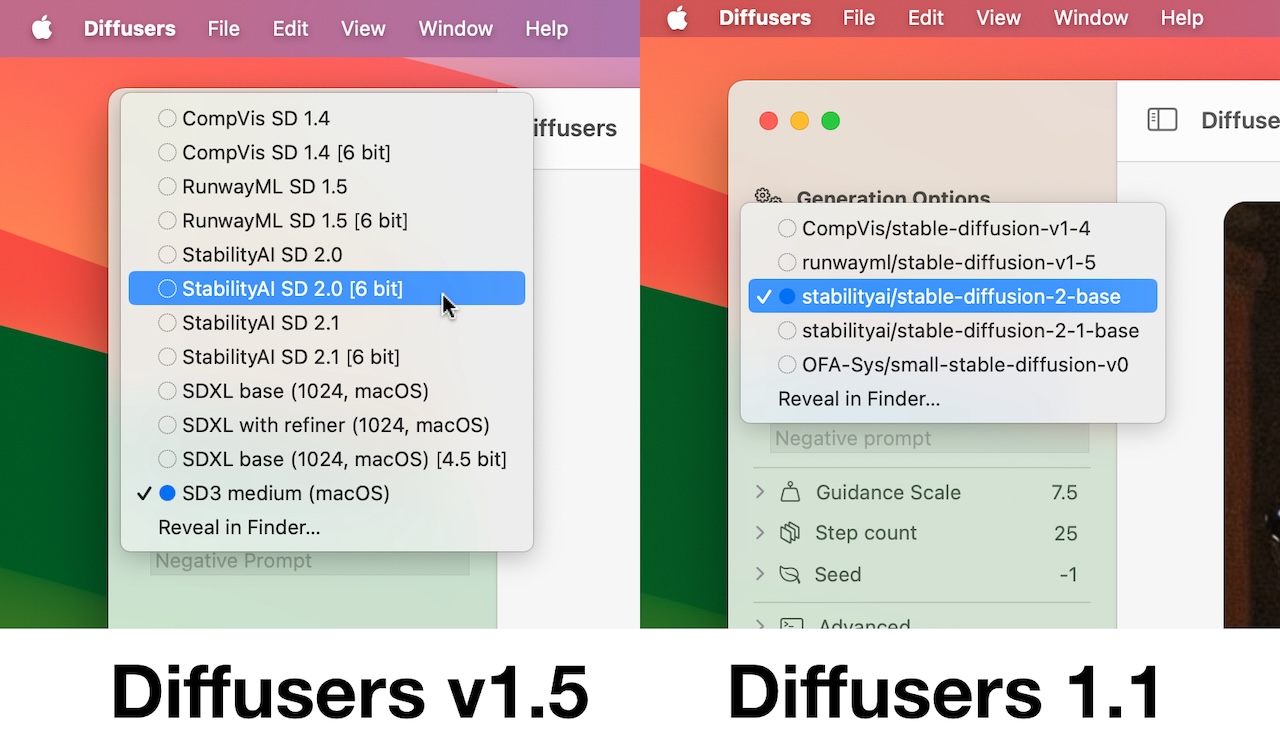 Diffusers for Mac v1.5とDiffusers for Mac v1.1