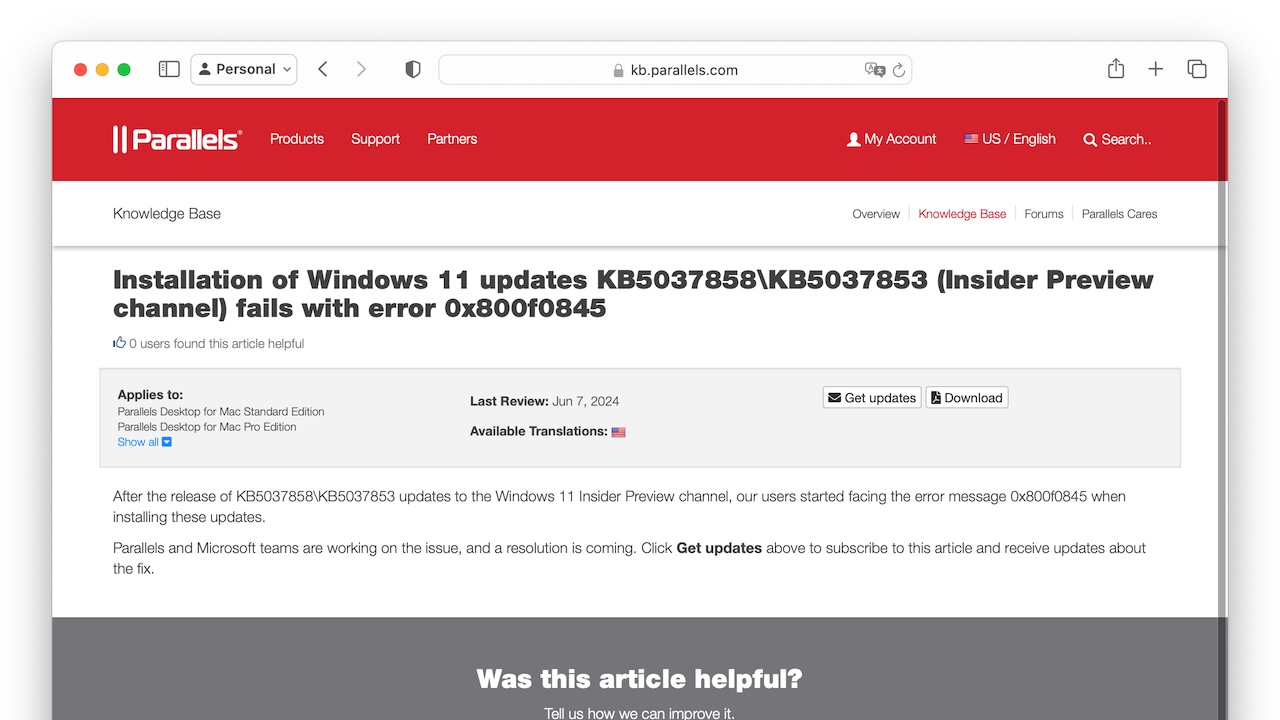 Windows 11 IP Parallels VM KB5037858-KB5037853 update issue