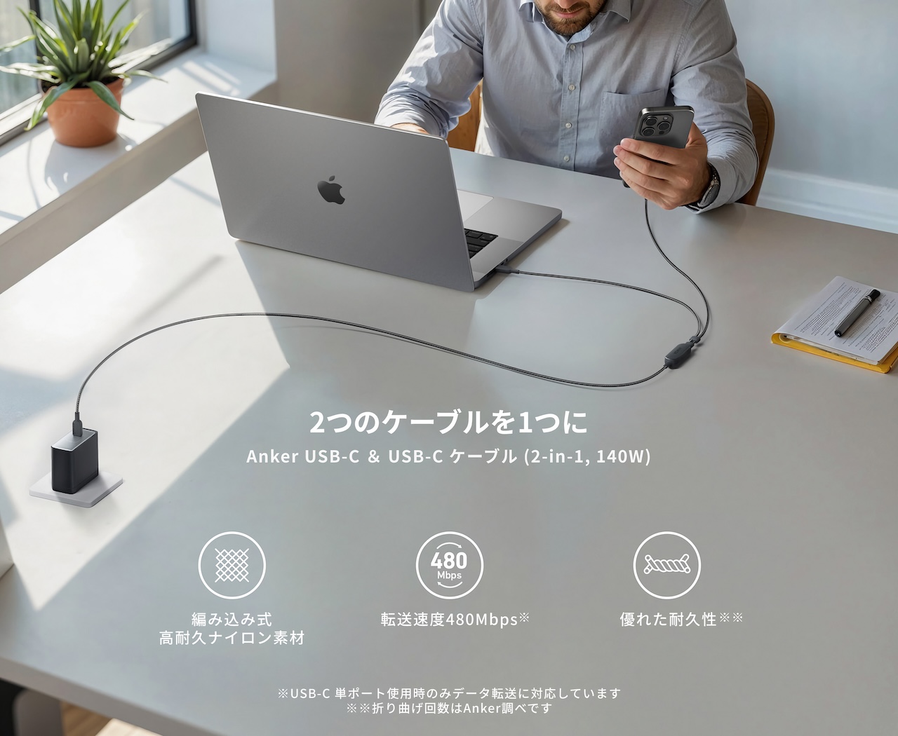 Anker USB-C ＆ USB-C ケーブル (2-in-1, 140W)